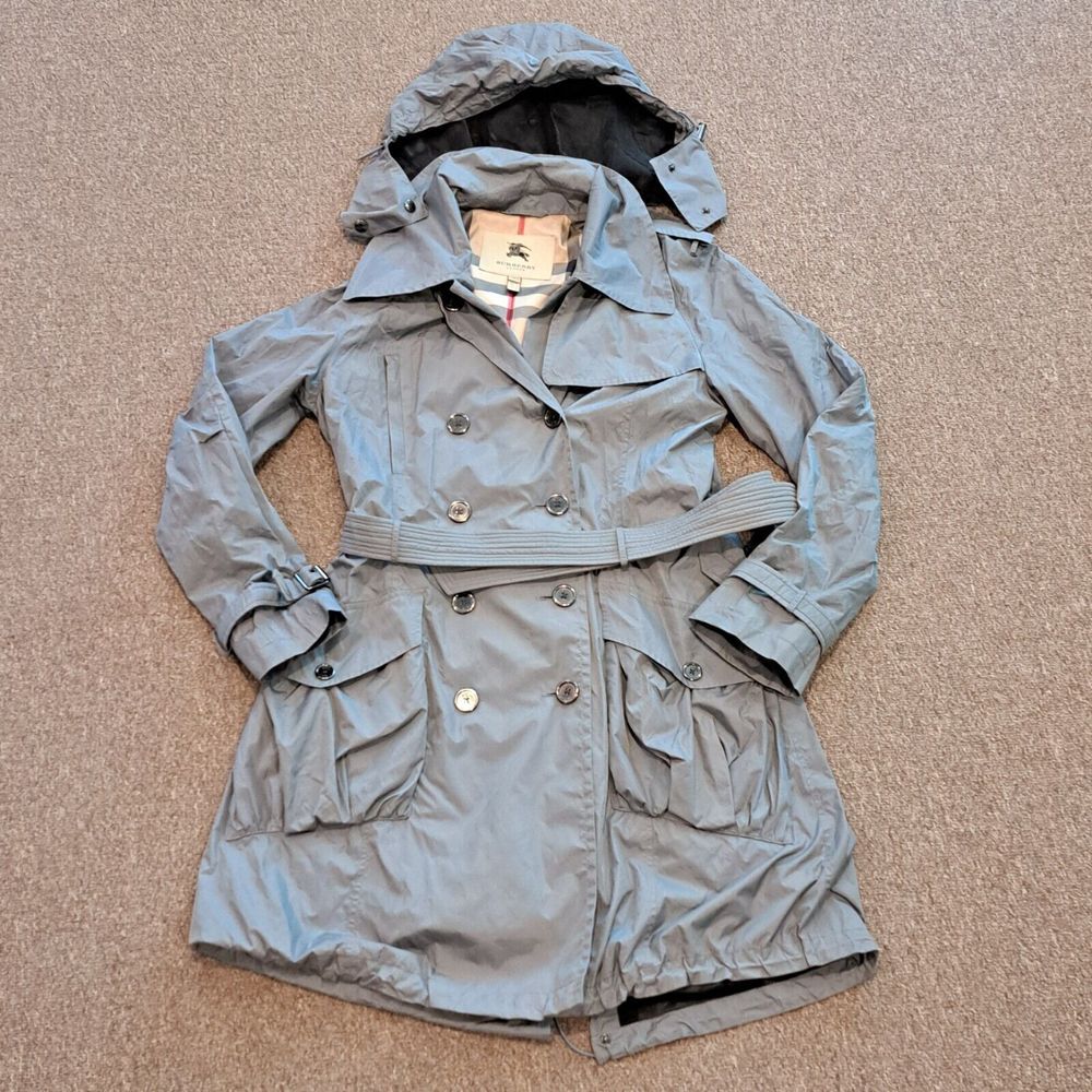 Burberry London Trench Coat Womens Size 10 Nylon Silver Button Gray Belt